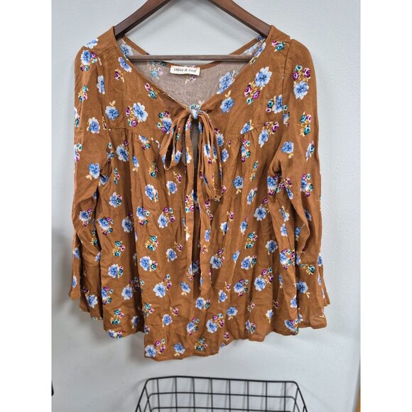 Olive & Leaf Womens Floral Tie-Front Blouse S Brown/Blue Rayon - Picture 1 of 5
